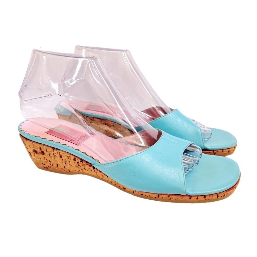 Lilly Pulitzer Vintage Light Blue Leather Cork Wedge Platform Sandals Size 8.5